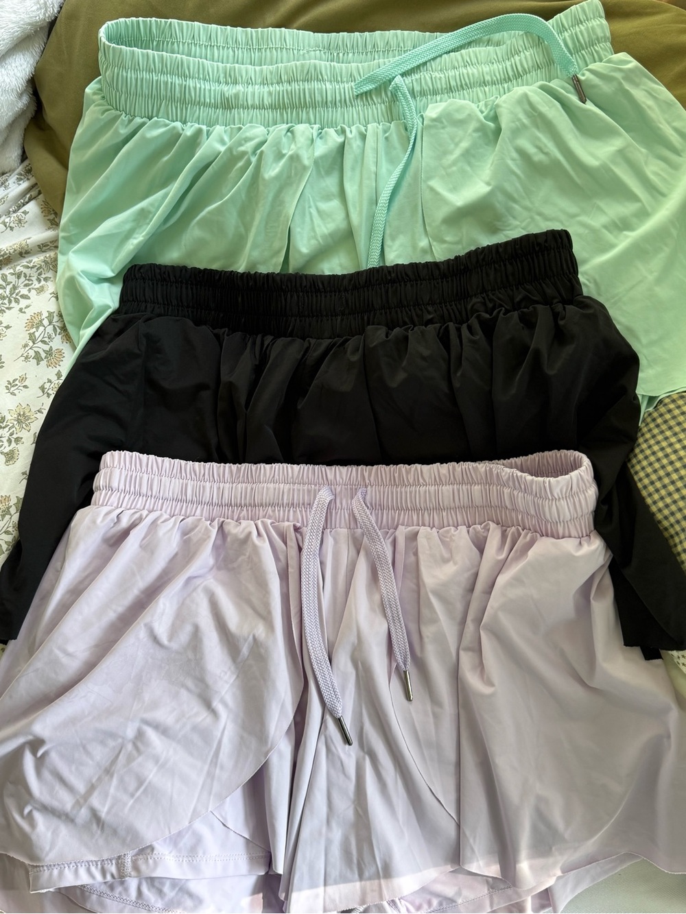 Women's Athletic Pull-On Shorts in Mint, Black & Lavender